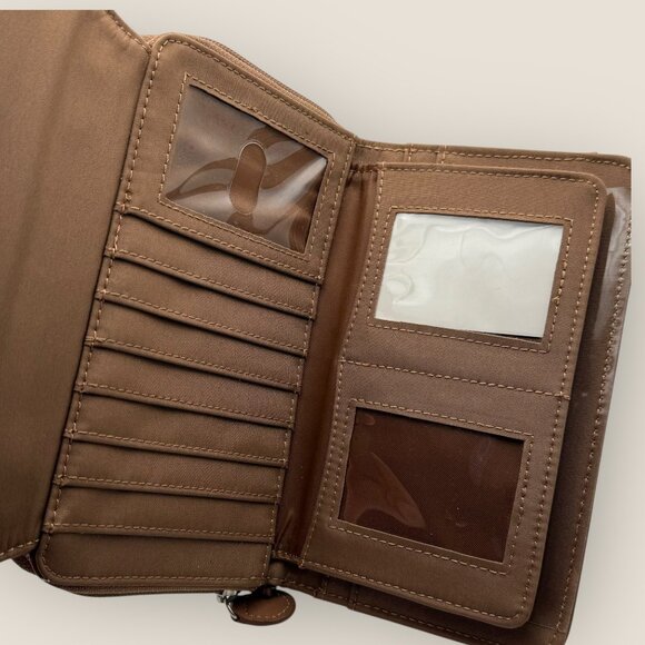 Brown Faux Leather Wallet Wristlet Card Slots Checkbook Zipper Around Snaps - Picture 5 of 7